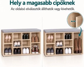SONGMICS cipőpad 10 rekesszel, párnázott ülőfelülettel, 104 x 30 x 48 cm, max. 150 kg, tölgy
