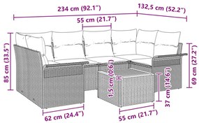 7 részes Kert Kanapé Szett Párnákkal Fekete Poli Rattan Akác