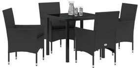 5 darabos Kerti Étkezőkészlet Párnákkal Fekete Poli Rattan, Kerti Asztal Fekete 80x80x73 cm Edzett Üveg