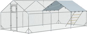 PawHut Elemekből Készült Tyúkól és Kert, Acélból, 3 x 6 x 1.95 m Tyúkketrec UV-ellenálló Borítással, Etetőajtóval, Függő Etetővel, Ülőfával, Tyúkkerte