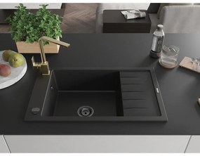 Mexen Elias, gránit mosogató gránit 795x480x200 mm, 1 kamrás, fekete, fekete szifonnal és arany Rita mosogató csaptelep, 6511-77-670300-50-B