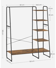 Ruhatároló, ruhaakasztó, 5 szintes polccal, 6 akasztóval, ?45 x 120 x 160 cm, rusztikus barna