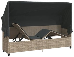 Világosszürke polyrattan napozóágy tetővel és párnával