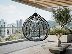 Fekete függő szék KOKON állvány nélkül, zöld-fehér párna