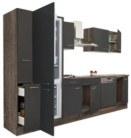 Yorki 310 konyhablokk yorki tölgy korpusz,selyemfényű antracit fronttal alulfagyasztós hűtős szekrénnyel