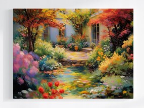 Vászonkép Canvas Tájkép Természet Ház Kert Növények Virágok Tó 80x60