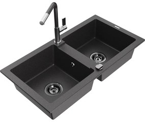 Mexen Mario, 2 kamrás gránit mosogató 820x436x161 mm és Flora mosogató csaptelep, fekete foltos, 6504-76-670401-08-B
