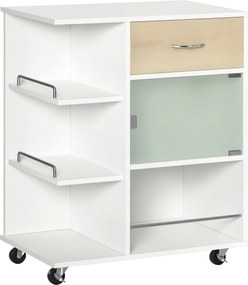 HOMCOM Konyhai Kerekes Szolgáltató Kocsi, 360°-ban Forgó Kerekek, Polcok Barikáddal, Középkonyhai Sziget, Fiókkal, Polcokkal, Szekrénnyel, 65 x 39 x 8