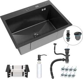 Konyhai mosogató egymedencés fekete grafit 68x45 kiegészítők