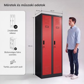 Kétrekeszes dolgozói szekrény, antracit-piros, 600x1800x500 mm: KACPER II