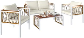 Outsunny 4 részes rattan kerti ülőgarnitúra – kétszemélyes kanapé, 2 fotel és üveg dohányzóasztal, levehető párnák, csúszásgátlók, krémfehér | Aosom