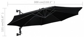 fekete falra szerelhető napernyő fémrúddal 300 cm