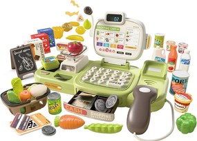Intelligens pénztárgép gyerekeknek, 77 darabos, szkennerrel, hangvezérléssel, szállítószalaggal, mérleggel és élelmiszerekkel