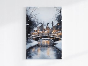 Vászonkép Canvas Tájkép Város Folyó Házak Híd Tél Hó 40x60
