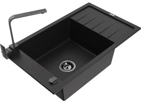 Mexen Elias, gránit mosogató gránit 795x480x200 mm, 1 kamrás, fekete fekete szifonnal és fekete Rita mosogató csapteleppel, 6511-77-670300-70-B