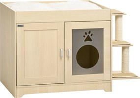 PawHut Macskaállvány Kaki Tálca Bútor 2 Ajtóval Macska Kaki Szekrény Puha Párnás Fekhellyel 3 Platformmal és Zsineg-Oszlopokkal 107x54x70 cm Tölgy | A