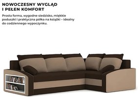 Grande sarokkanapé polcokkal , polc a bal karfaban, jobboldali, szövet anyag, hab töltet, barna