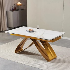Fehér Márványhatású Bővíthető Kerámia Asztal Arany Lábbal. LUIGI 160-240 cm