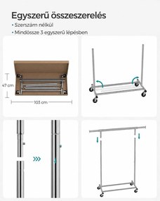 Nagy teherbírású gurulós ruhatartó, kihúzható 92–132 cm-es ruharúddal, fékezhető görgőkkel, max. 90 kg, ezüst