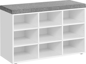Cipőpad, tárolópad párnázott üléssel, 9 rekesszel, fehér