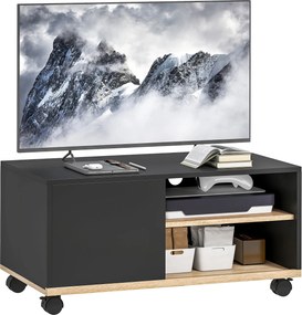 HOMCOM alacsony TV-szekrény görgőkkel, szekrénnyel, kábelrendezővel és állítható polccal — max. 32 hüvelykes tévékhez, fekete és tölgy, 80 x 45 x 41 c