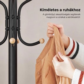 Fém álló fogas és ruhafogas 12 kampóval, fa gömbvégekkel, 182 cm, fekete