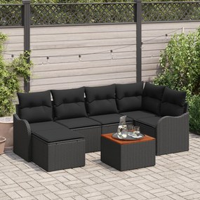 7 Darabos Kerti Sofa Szett Párnákkal Fekete Poli Rattan Akáciával, 2-Személyes Kerti Sofa Tárolóval & Párnákkal Fekete Poli Rattan