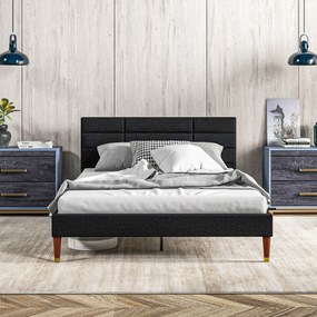 HOMCOM Kétszemélyes Ágykeret 140 x 200 cm - Magasság 17 cm, Rácsos Alap és Kárpitozott Fejtámla - Fa és Szövet, Fekete | Aosom
