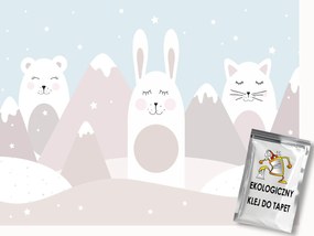 Fotótapéta Flizelina Hegyek Hó Tél Állatok Mackó Nyúl Macska 200x140 ragasztó