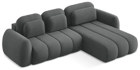 Sötétszürke buklé kinyitható-tárolóhelyes sarokkanapé (jobb oldali-heverő résszel) Pele – Makamii