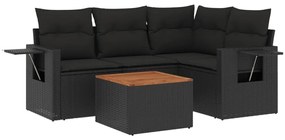 5 részes fekete polyrattan kerti kanapészett párnákkal