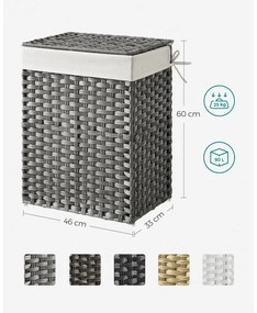 Kézzel fonott rattan szennyeskosár, összecsukható, kivehető zsákkal 90L, szürke