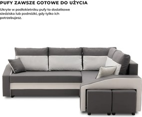 Grande sarokkanapé polcokkal és puffokkal , polc a bal karfaban puffok a jobb karfaban, jobboldali, szövet anyag, hab töltet, szürke - fehér