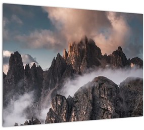 Kép - A ködben rejtett olasz dolomitok (üvegen) (70x50 cm)