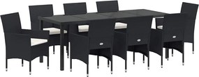 vidaXL Kert étkező szett párnával 9 pcs Fekete polirattan
