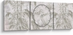 Kép - Trópusi növények a falon szürke színben (órával) (90x30 cm)
