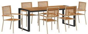 7 Darabos Kert Étkező Szett Bézs Poly Rattan Akácia, Egymásra Rakható Kerti Székek Párnákkal - 2 darabos Bézs Poly Rattan