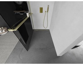 Mexen Kioto+, Walk-In zuhany paraván polccal és akasztóval 110 x 200 cm, 8mm szürke üveg, arany matt profil, 800-110-121-55-40