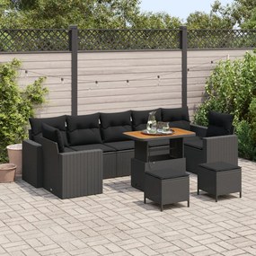 10 darabos kert kanapé szett párnákkal, fekete poli rattan akácia, 3 darabos kert étkező szett párnákkal, fekete poli rattan akácia