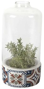 Mediterrán stílusú kerámia virágcserép üvegbúrával, portugál mozaik mintával, kültéri és beltéri dekorációs kiegészítő