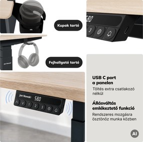 Elektromos íróasztal magasságállítással ergonomikus antracit/sonoma tölgy,1400x700 mm: ARIA