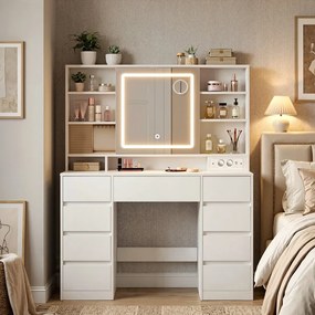 Fésülködő asztal, sminkasztal LED tükörrel és 9 fiókkal, szerszámmentes összeszerelés, Fehér