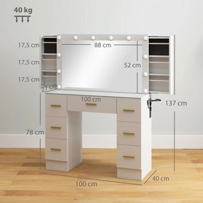 HOMCOM Fésülködőasztal tükörrel, 12 LED lámpával, 7 fiókkal, 100 x 40 x 137 cm, fehér