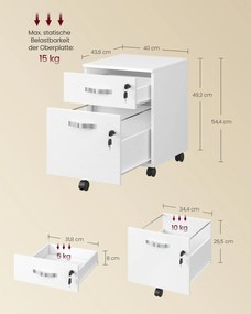 2 fiókos gurulós iratszekrény zárható irattároló, fehér