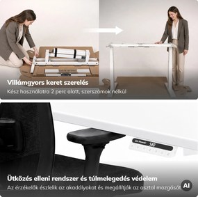 Elektromos, állítható magasságú, ergonomikus, fehér íróasztal,1400x700 mm: ARIA