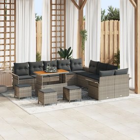 13 darabos kertiszófa szett párnákkal Szürke Poli Rattan Akác, 2-személyes kertiszófa tárolóval és párnákkal Szürke Poli Rattan, 3 darabos kertibútor szett párnákkal Szürke Poli Rattan Akác