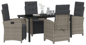 5 darabos kerti étkező szett párnákkal, szürke poli-rattan, Kerti asztal fekete 160x80x73 cm edzett üvegből