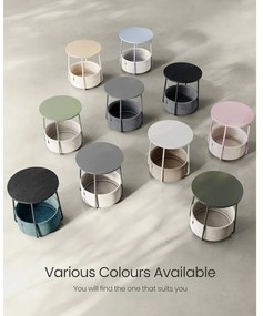 Kerek asztal, kis dohányzóasztal szövetkosárral, krémfehér