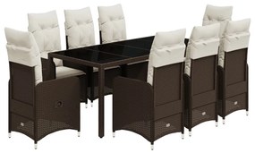 9 részes barna polyrattan kerti bisztrógarnitúra párnákkal