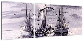 Kép - kikötő, olajfestmény (órával) (90x30 cm)